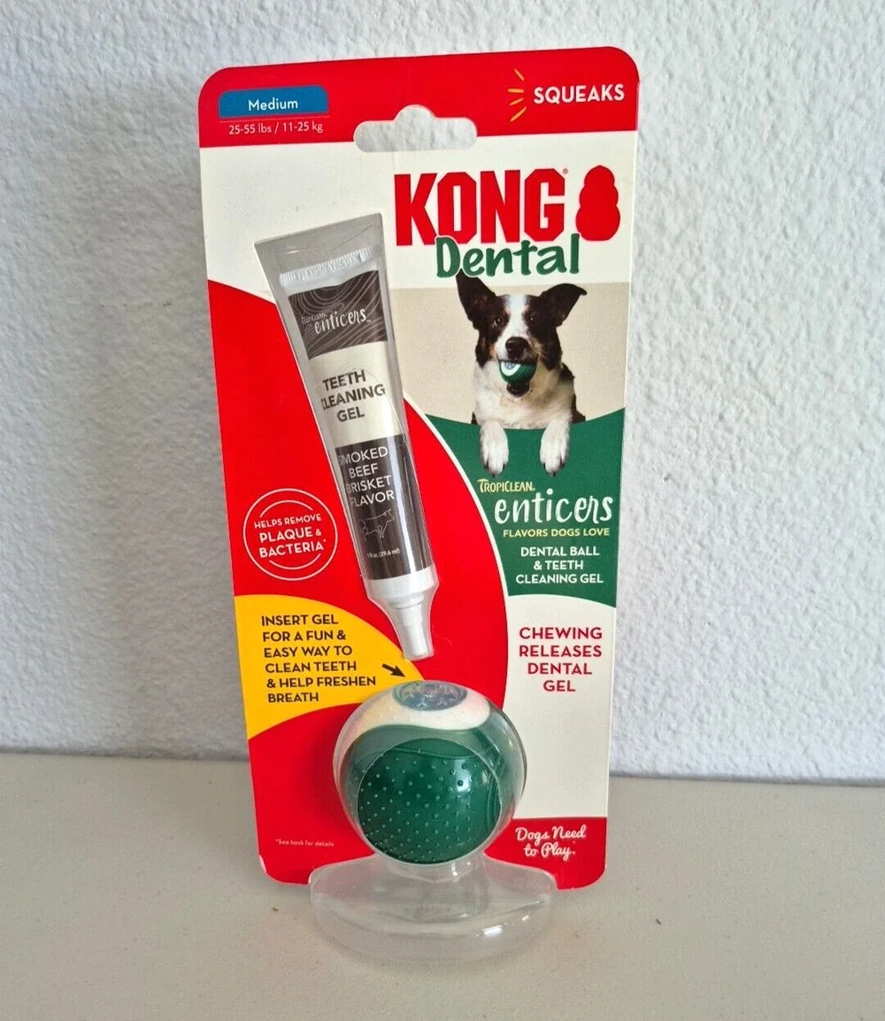 KONG Dental Ball Tropiclean Enticers Gel Medium Teeth Cleaning Dog Chew Toy